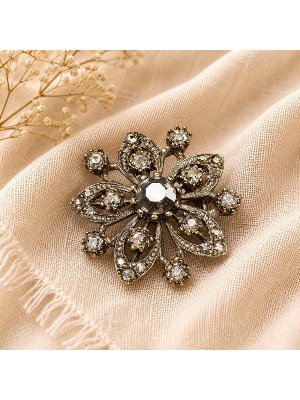 Crystal Floral Brooch Smokey Rhinestone Starburst Art Deco Victorian Revival Pin